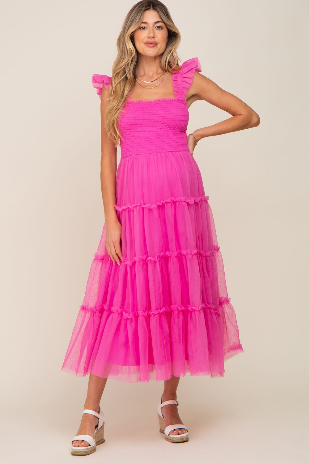 Женские платья Maternity Smocked Mesh Ruffle Accent Midi Dress