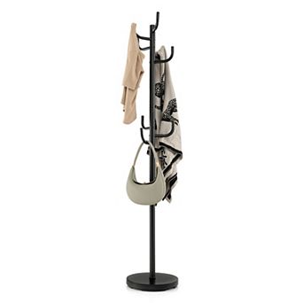 Freestanding Metal Coat Rack with 8 Hooks and Weighted Round Base