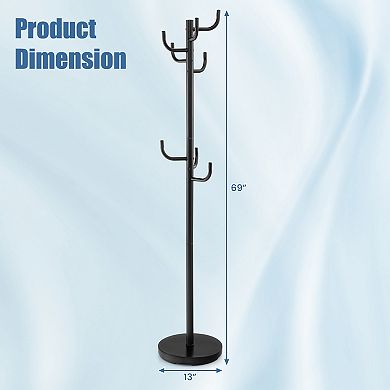 Freestanding Metal Coat Rack with 8 Hooks and Weighted Round Base