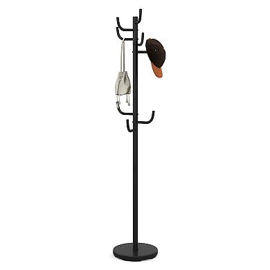 Freestanding Metal Coat Rack with 8 Hooks and Weighted Round Base