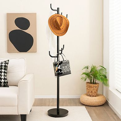Freestanding Metal Coat Rack with 8 Hooks and Weighted Round Base