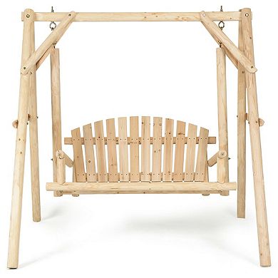 Outdoor Wooden Porch Bench Swing Chair with Curved Backrest