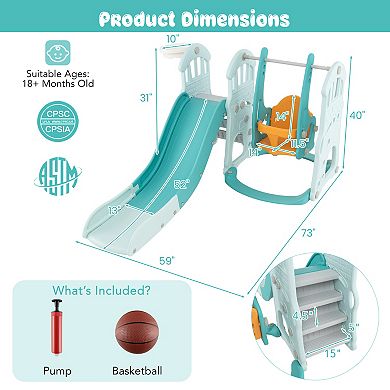 Toddler Slide and Swing Set with Long Slide, Adjustable Swing, Climber & Basketball Hoop