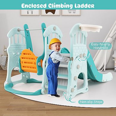Toddler Slide and Swing Set with Long Slide, Adjustable Swing, Climber & Basketball Hoop