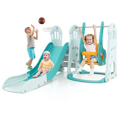 Toddler Slide and Swing Set with Long Slide, Adjustable Swing, Climber & Basketball Hoop