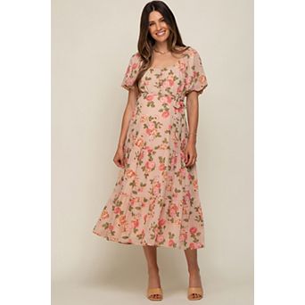 Maternity Floral Button Puff Sleeve Midi Dress