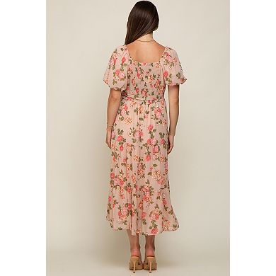 Maternity Floral Button Puff Sleeve Midi Dress