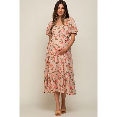 Maternity Floral Button Puff Sleeve Midi Dress