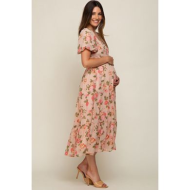 Maternity Floral Button Puff Sleeve Midi Dress