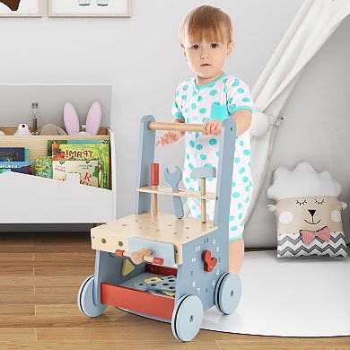 2 in 1 Toddler Wooden Push Walker with Multi Activity Center
