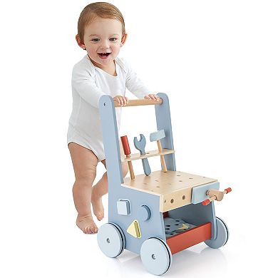 2 in 1 Toddler Wooden Push Walker with Multi Activity Center