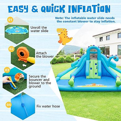 Dinosaur Theme Inflatable Water Park with Dual Slides Climbing Wall and Splash Pool