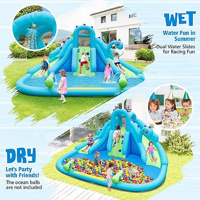 Dinosaur Theme Inflatable Water Park with Dual Slides Climbing Wall and Splash Pool