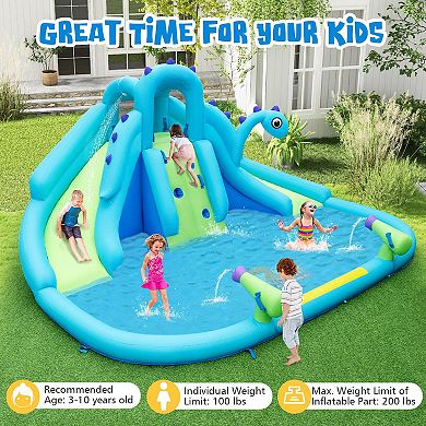 Dinosaur Theme Inflatable Water Park with Dual Slides Climbing Wall and Splash Pool