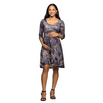 24seven Comfort Apparel Women's Maternity Three Quarter Sleeve Fit and Flare Dress - Gray Multi - M