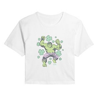 Juniors' Marvel Hulk Shamrocks Distressed Cropped Tee