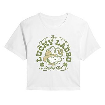 Juniors' Peanuts Snoopy The Lucky Lasso Cowboy Club Distressed Cropped Tee