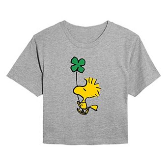 Juniors' Peanuts Woodstock Glitter Clover Cropped Tee