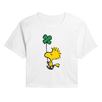 Juniors' Peanuts Woodstock Glitter Clover Cropped Tee