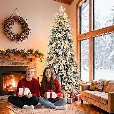 Whisen Slim Realistic Flocked Artificial Christmas Tree with Premium PE & PVC Tips, Warm LED Lights