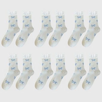 Women's 6-Pair Bow Pattern Crew Socks with Fuzzy Ruffled Cuff