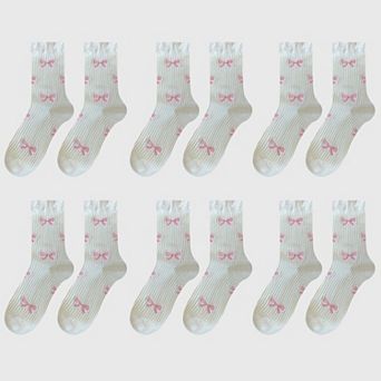 Women's 6-Pair Bow Pattern Crew Socks with Fuzzy Ruffled Cuff