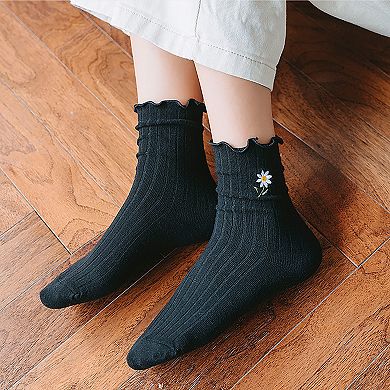 Women's 6pk Mustard Crew Socks with Ruffled Cuff and Daisy Embroidery