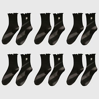 Women's 6 pk Mustard Crew Socks with Ruffled Cuff and Daisy Embroidery