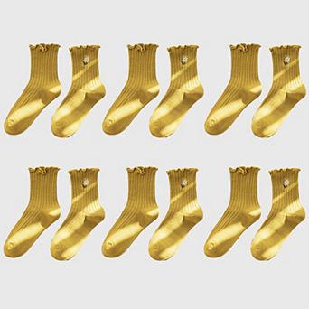 Women's 6 pk Mustard Crew Socks with Ruffled Cuff and Daisy Embroidery