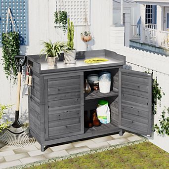 Whisen Outdoor Storage Cabinet, Potting Bench, Garden Workstation with 2 tier Shelves and Side Hook
