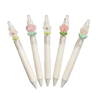 Set of 5 Retractable Gel Pens with Cute Flower Clip Designs