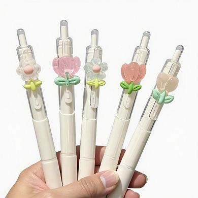 Set of 5 Retractable Gel Pens with Cute Flower Clip Designs