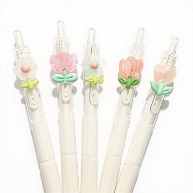 Set of 5 Retractable Gel Pens with Cute Flower Clip Designs