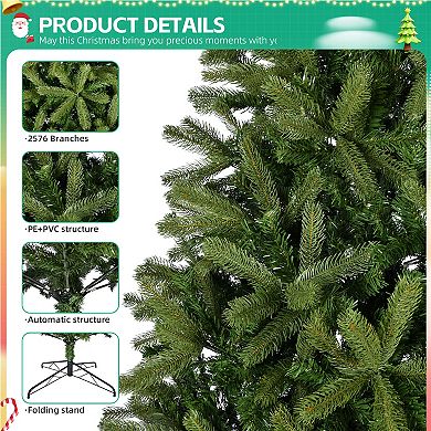 Whisen 9FT Artificial Christmas Tree with 2576 PE&PVC Mixed Branch Tips, Foldable Metal Stand