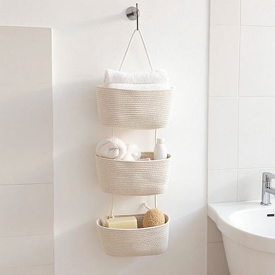 3-Tier Hanging Rope Basket Organizer with Braided Design and Loop Handle