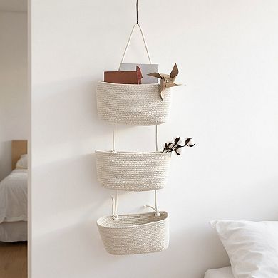 3-Tier Hanging Rope Basket Organizer with Braided Design and Loop Handle