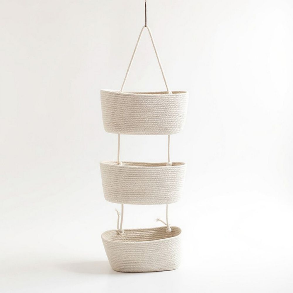 3-Tier Hanging Rope Basket Organizer with Braided Design and Loop Handle