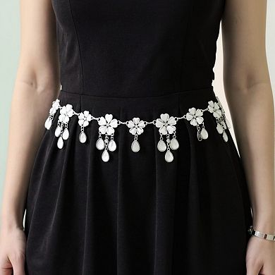 Women's Floral Chain Belt with Teardrop Gem Charms and Metal Link Design 47in