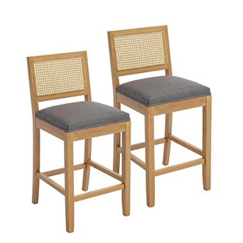 GOMYHOME Mid-Century Cane Back Wood Bar Stool, 27.9" Counter Height, Upholstered Seat