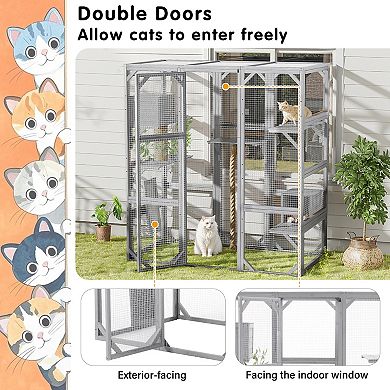 LOVMOR Outdoor Cat House DIY Cat Enclosure Cat Catio with Double Enter Doors