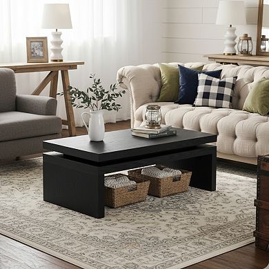 GOMYHOME 47.6" Modern Two-Tier Coffee Table, Rectangular Wood Grain Living Room Center Table, Black