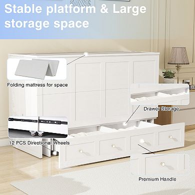 Solid Wooded Queen Murphy Bed Cabinet,USB Port & Large Drawer for Home/Guest Room(No Mattress)White