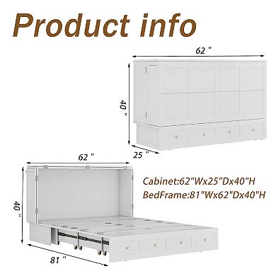 Solid Wooded Queen Murphy Bed Cabinet,USB Port & Large Drawer for Home/Guest Room(No Mattress)White