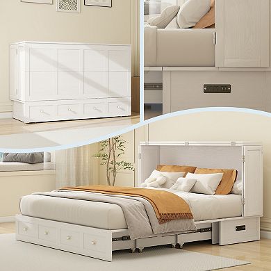 Solid Wooded Queen Murphy Bed Cabinet,USB Port & Large Drawer for Home/Guest Room(No Mattress)White