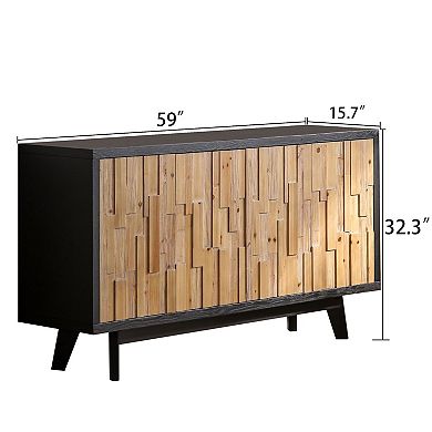 GOMYHOME 59" Modern Wood Sideboard Buffet Cabinet with Textured 4 Doors, Black/Natural Finish