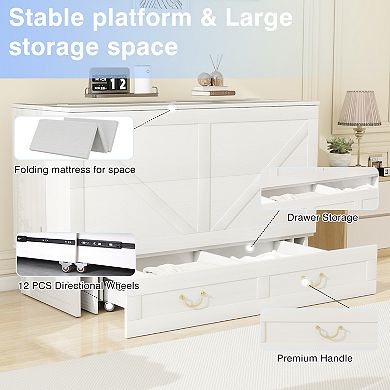 Queen Murphy Bed Cabinet Solid Wood,USB Port,Large Drawer for Home/Guest Room(No Mattress)