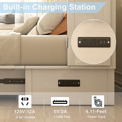 Queen Murphy Bed Cabinet Solid Wood,USB Port,Large Drawer for Home/Guest Room(No Mattress)
