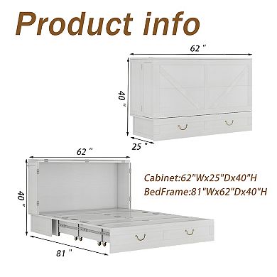Queen Murphy Bed Cabinet Solid Wood,USB Port,Large Drawer for Home/Guest Room(No Mattress)