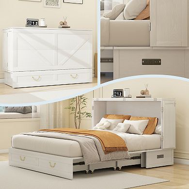 Queen Murphy Bed Cabinet Solid Wood,USB Port,Large Drawer for Home/Guest Room(No Mattress)