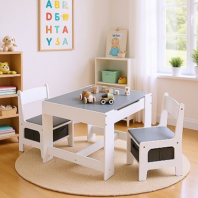 GOMYHOME Kids 3-in-1 Activity Table and 2 Chair Set with Storage Bins, Chalkboard & Play Sand Table